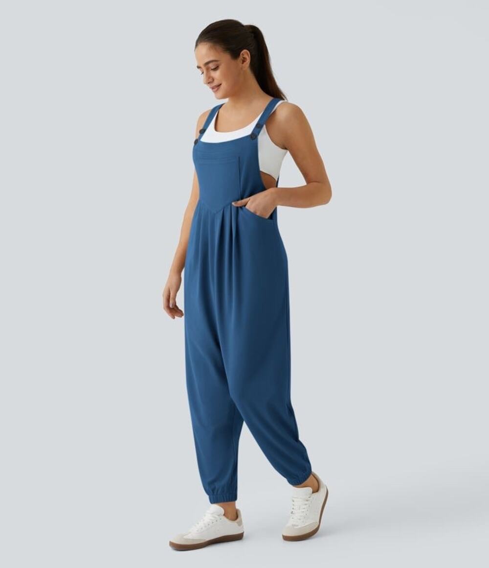 Halara Slate Blue Waffle Knit Adjustable Strap Overall Joggers Jumpsuit Size M